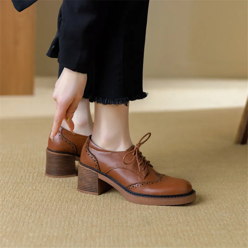 New Spring Cow Leather Women Shoes Round Toe Women Pumps Platform Shoes for Women Zapatos Mujer Lace Up Brogue Designs Loafers