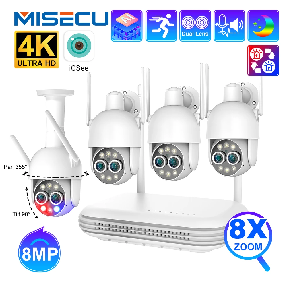 MISECU 4K 8CH PTZ 8X Zoom Wireless Security Dual Lens System 8MP WIFI IP Camera CCTV Video Surveillance Protection Kit ONVIF P2P