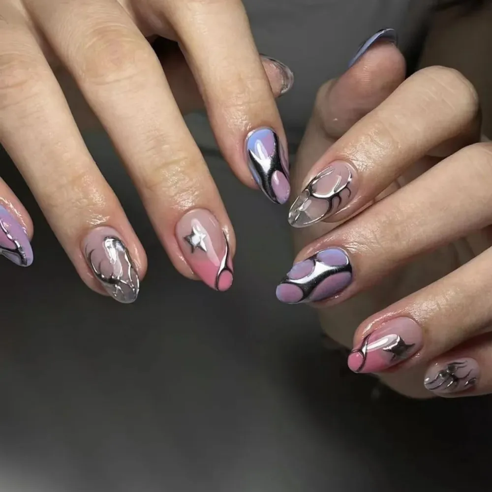 24Pcs Cyber Punk Style Almond False Nails Press on Pink Blush Full Cover Fake Nails 3D Ombre Wearable Acrylic Nail Manicure Tips view 2