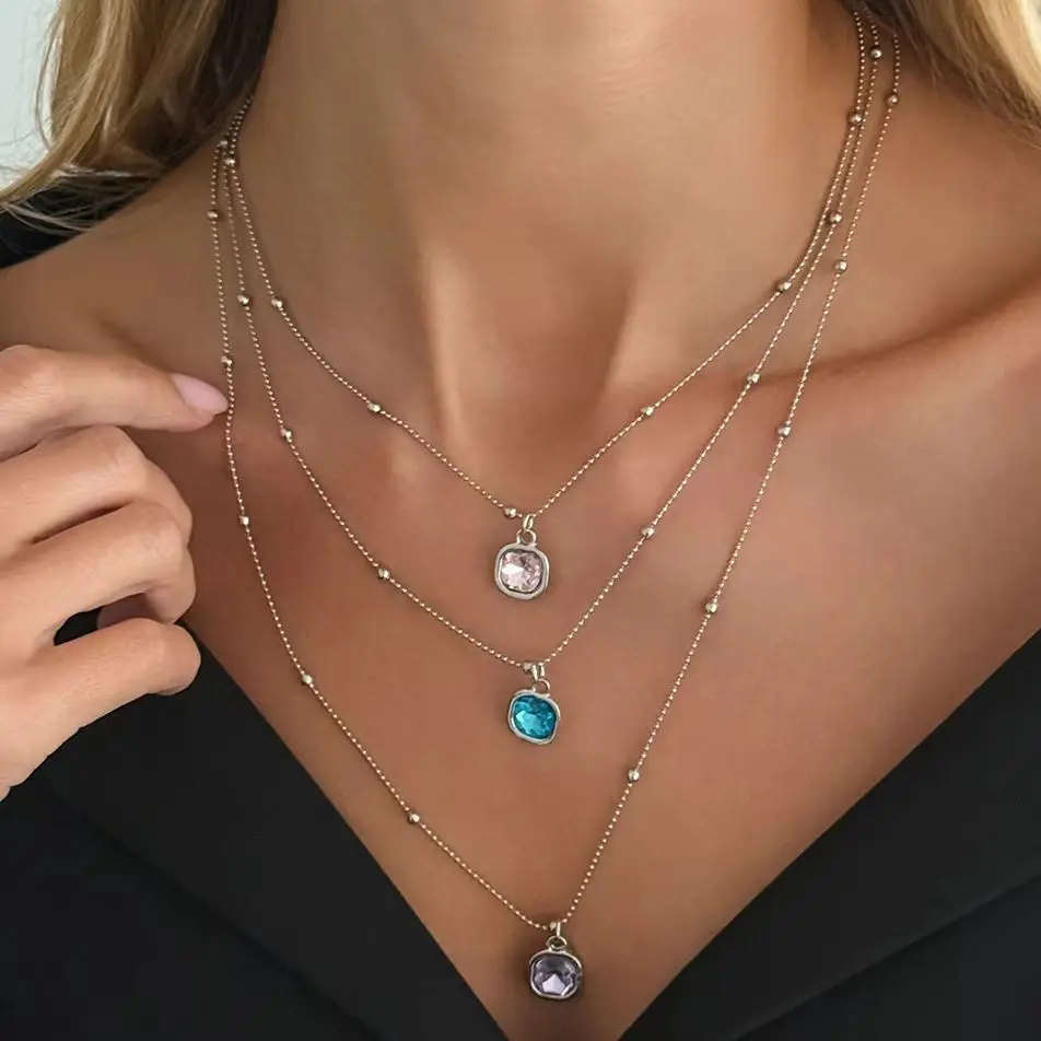 Ingemark Elegant Colorrful Geometry Rhinestone Pendant Necklace for Women Vintage Multiple Layers Metal Neck Chain Y2K Jewelry