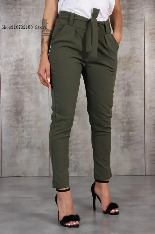 Summer Simply Solid Color Casual Pockets Straight Elastic Waist Lace Up Long Trousers Women