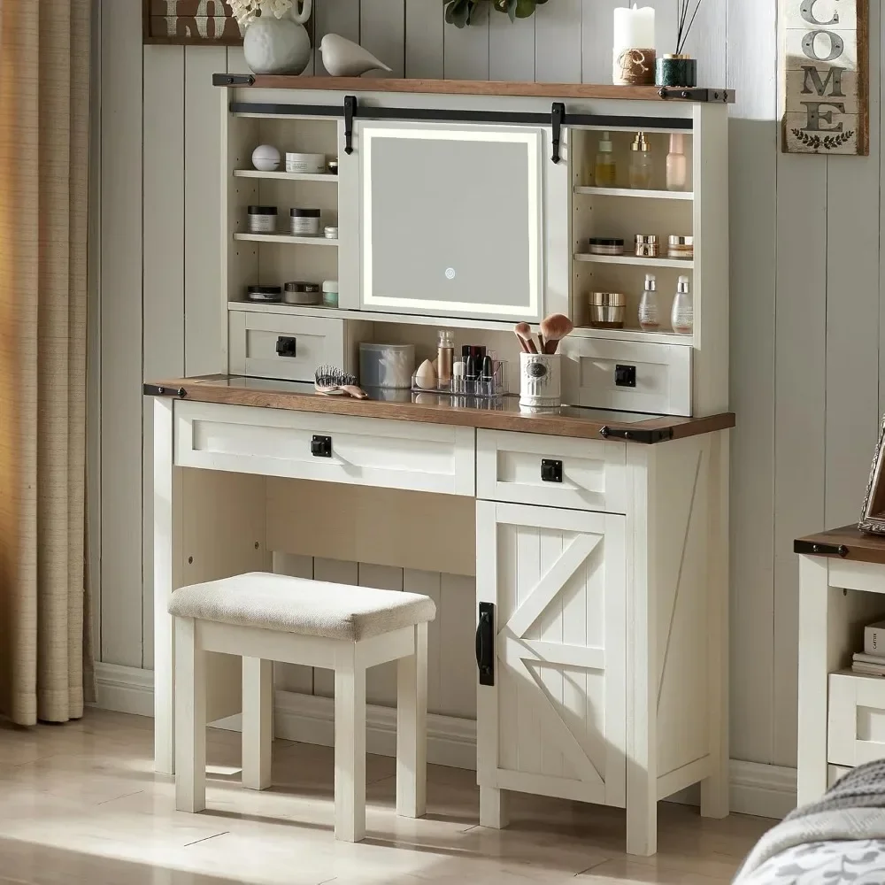 Farmhouse 42'' Makeup Vanity Desk with Sliding Mirror and Lights, 2 Drawers & Shelves, Rustic Big Vanity Set for Bedroom