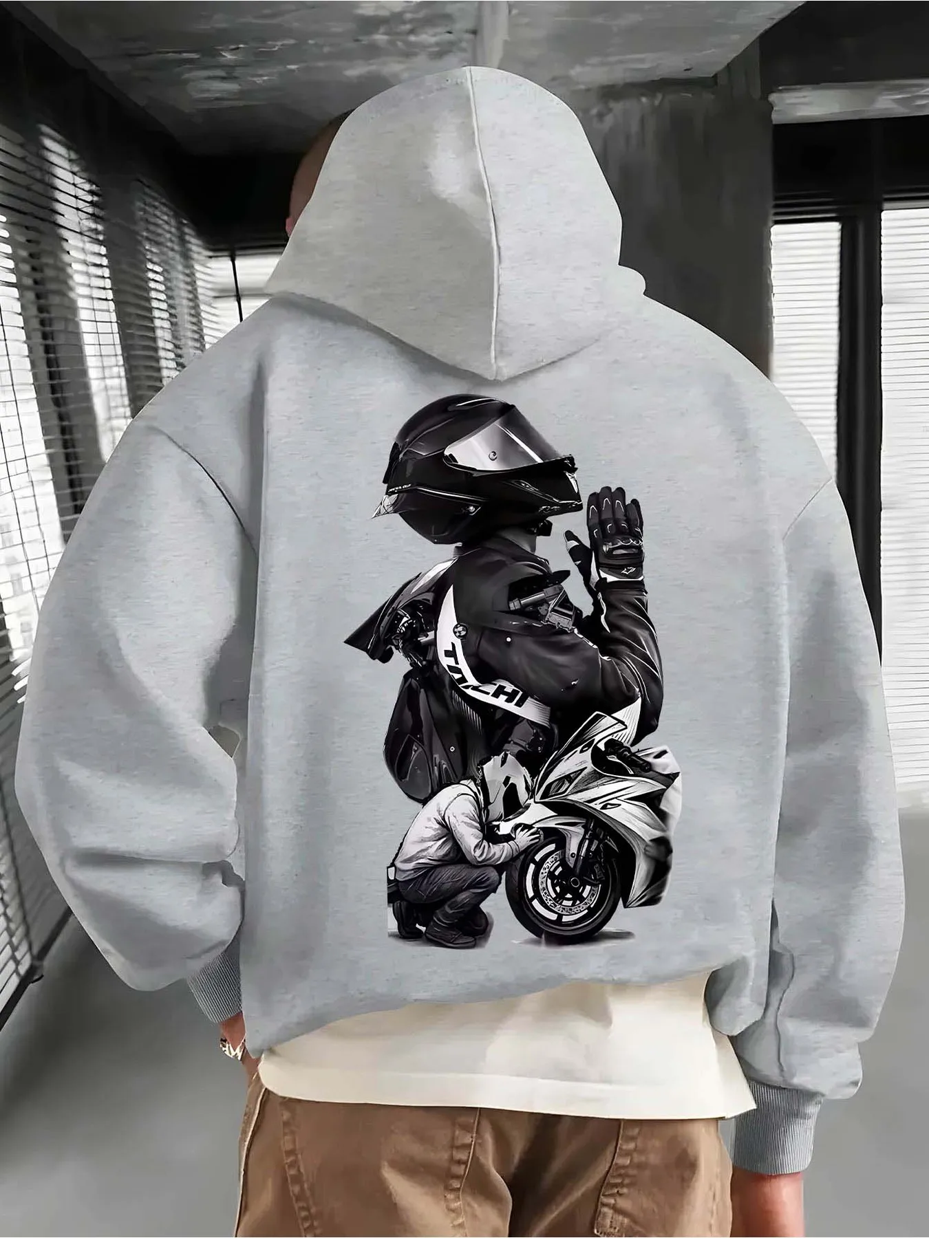 Herren Biker-Print Hoodie Hip-Hop Sport Streetwear Motorradfahrer Lässiger Lockerer Pullover Sweatshirt Oberteil – Detail 5