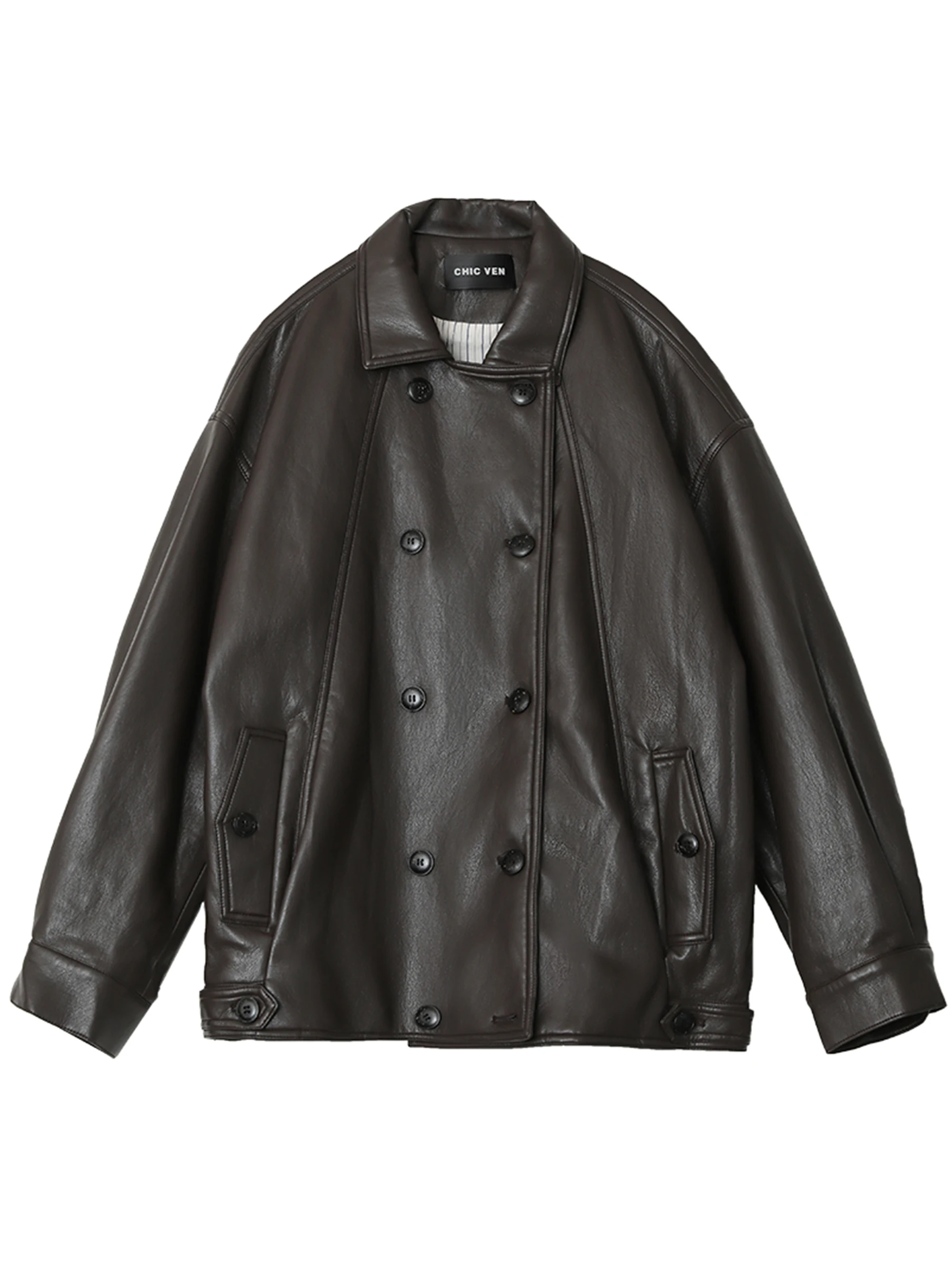 CHIC VEN レディース フェイクレザージャケット 新レトロ バイク風 ルーズ ダブルブレスト PU 女性用ジャケット 秋冬 2025 オーバーサイズ アウター