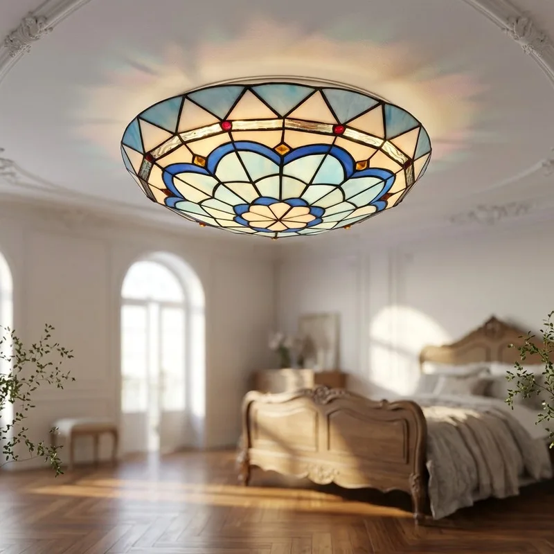 Retro Floral Art Glass Ceiling Lamp LED  Color Hand‑Spliced Glass Shade Home Decor Fixture Bedroom Living Room Porch