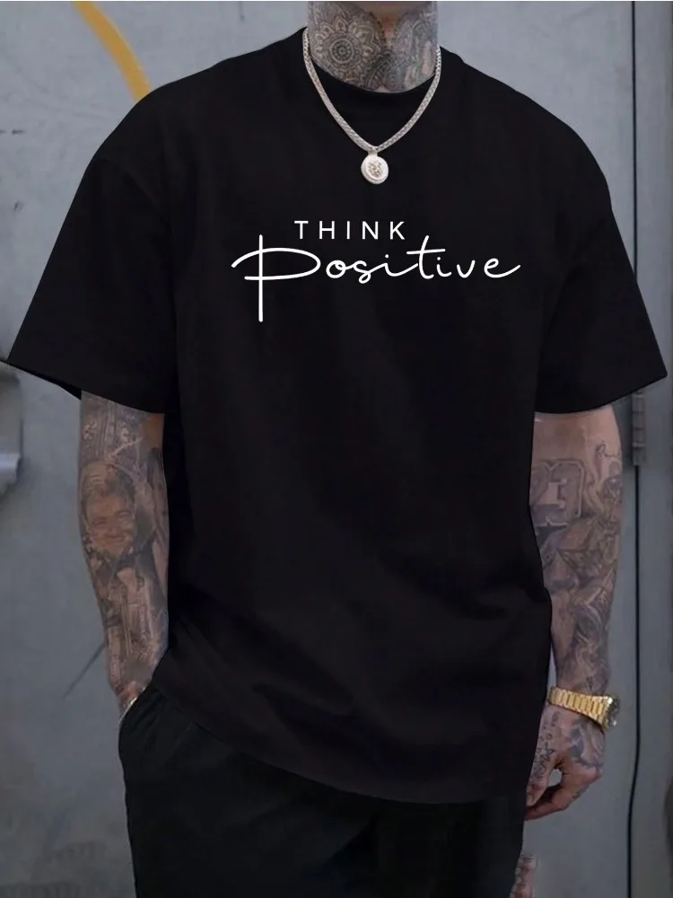 Mens Summer Crew Neck T Shirt THINK Positive Letter Print Loose Oversized Short Sleeve Streetwear Casual Daily Black Top For Men