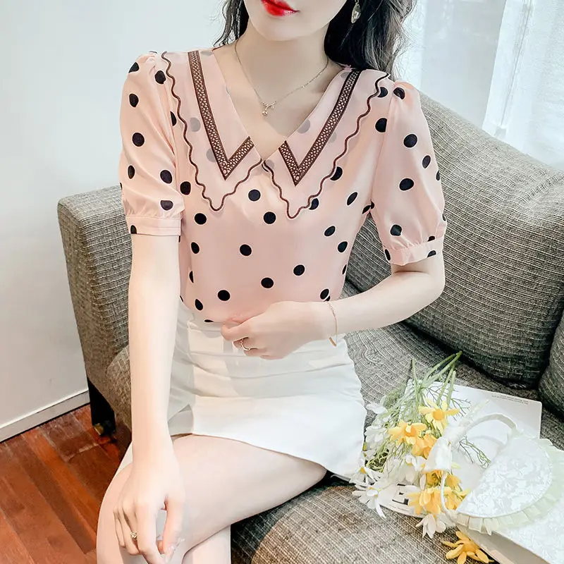 Floral Chiffon Thin Blouse Summer New Short Sleeve Polka Dot Loose Printing Elegant Shirt Tops Fashion Sweet Women Clothing