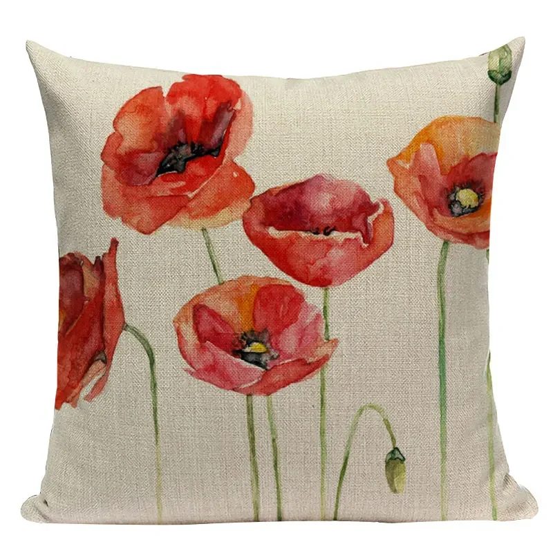 Cotton Linen Decorative Sofa Covers Watercolor Plant Bird Lumbar Pillow Covers Cushion Cover Home Decoration Pillowcase 45X45CM