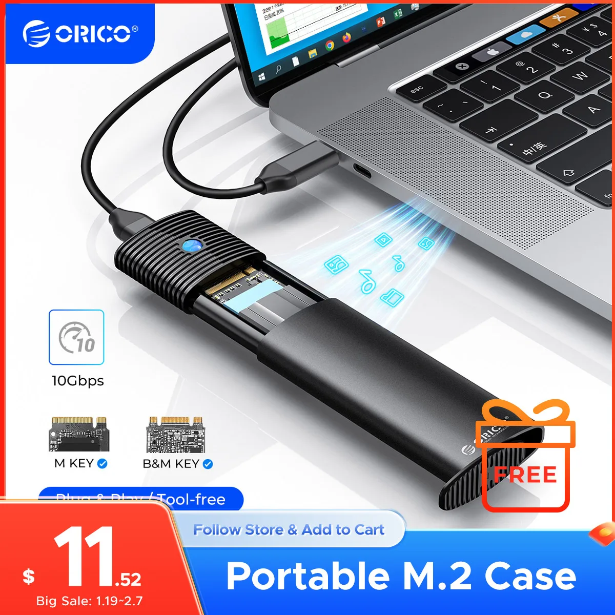 ORICO M2 SSD Enclosure NVMe NGFF 10Gbps PCIe M.2 SSD Case Portable USB C 3.2Gen2 Tool Free External Adapter with Metal Heat Sink