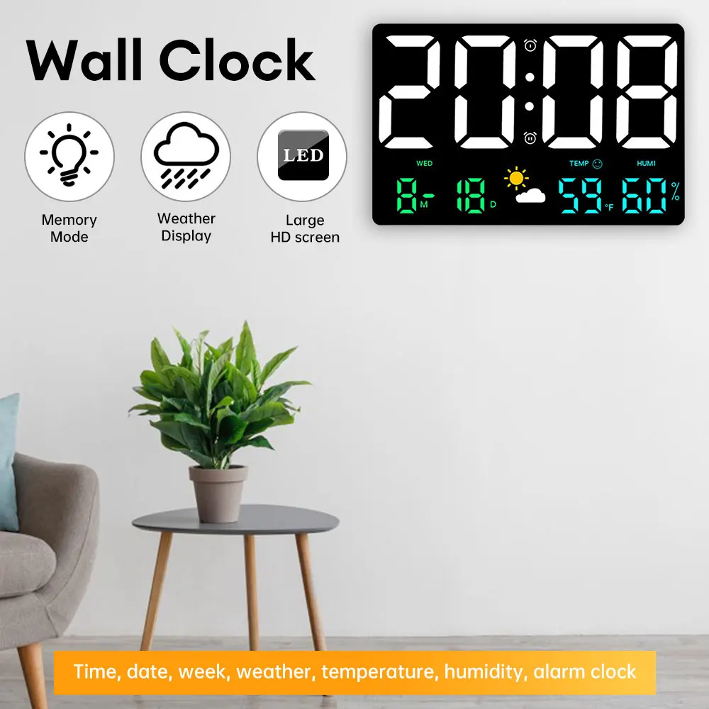 Large Screen Digital Wall Clock Date Week Temperature Humidity Display Weather Clock 12/24H LED Table Clock Dimming Alarm Clock