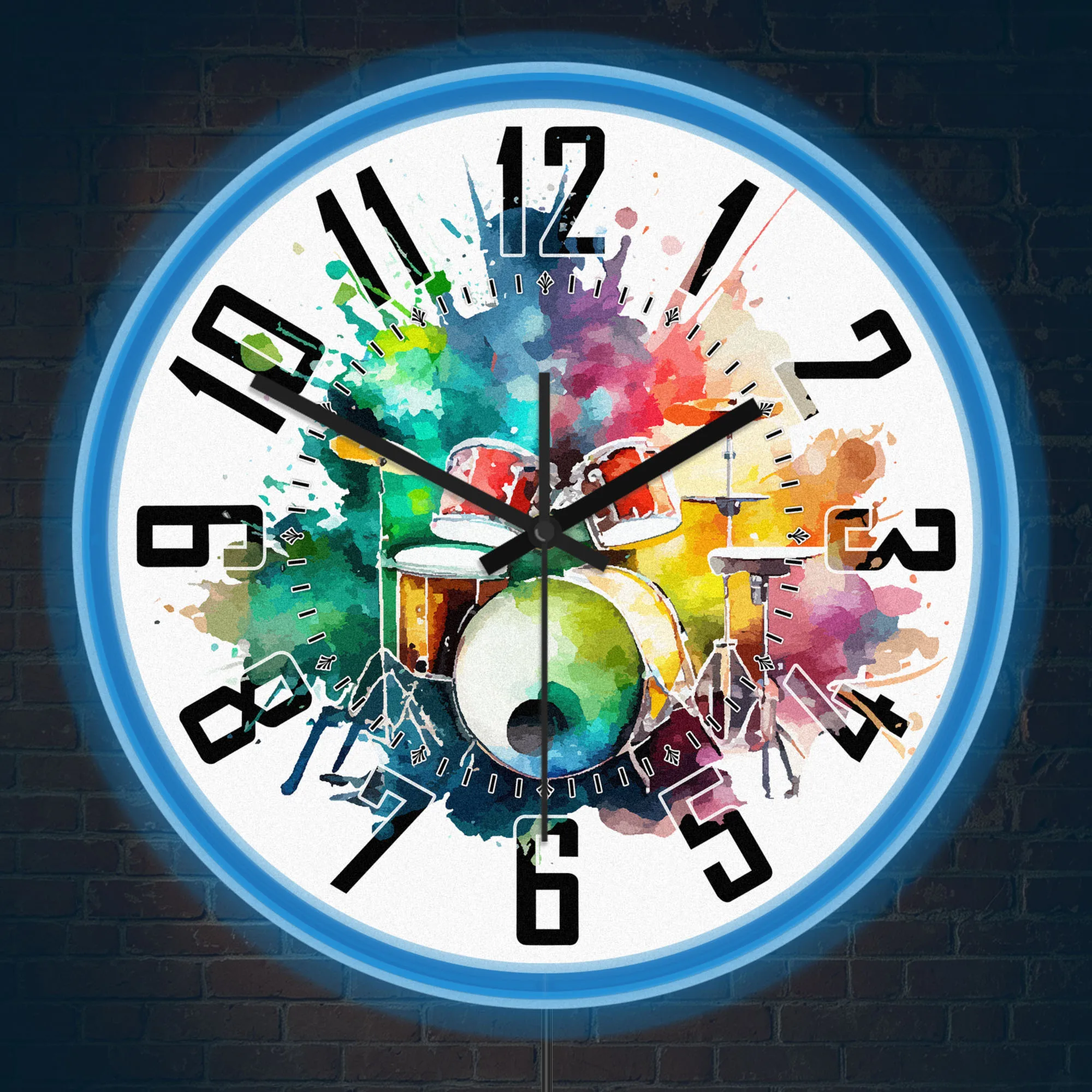 Watercolor Drum Set Illuminated Wall Clock with Glowing Neon Border for Music Room Percussion Instrument LED Light Up Wall Clock