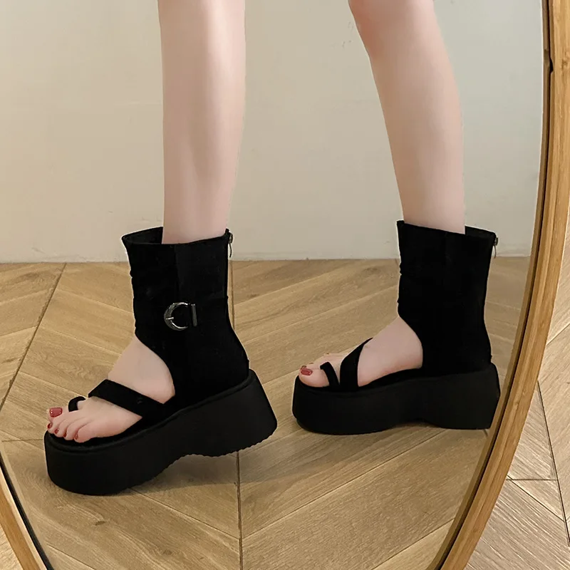 Dark Gothic Hollow Sandals Women Thick Sole Metal Buckle Punk Style Spice Single Shoes Chunky Heel Platform Cross Tied Sandalias