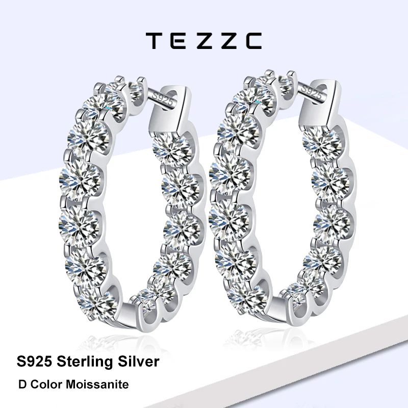 

Серьги-кольца Tezzc из стерлингового серебра S925, серьги-гвоздики с муассанитом для женщин, сверкающие ювелирные изделия, подарки с сертификатом
