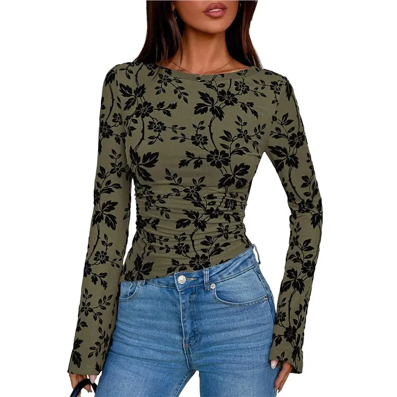 

CYL-Women Long Sleeve Floral Mesh Tops Blouse Trendy Boat Neck Ruched Fitted Shirt Going Out Outfits