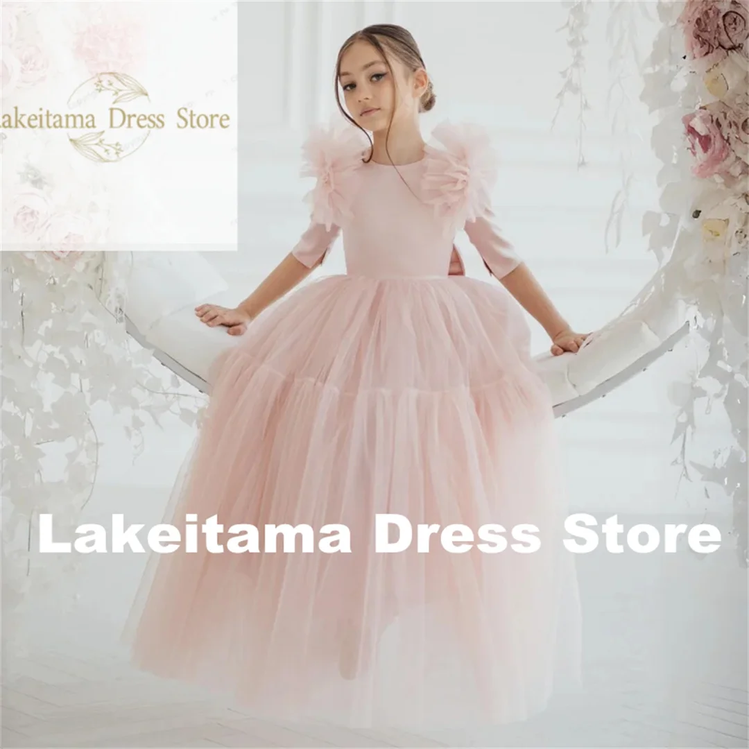 

Customized Wedding Birthday Tulle With Light Pink Flower Girl Dresses Bow Party Half Sleeve For Banquet Princess Gowns