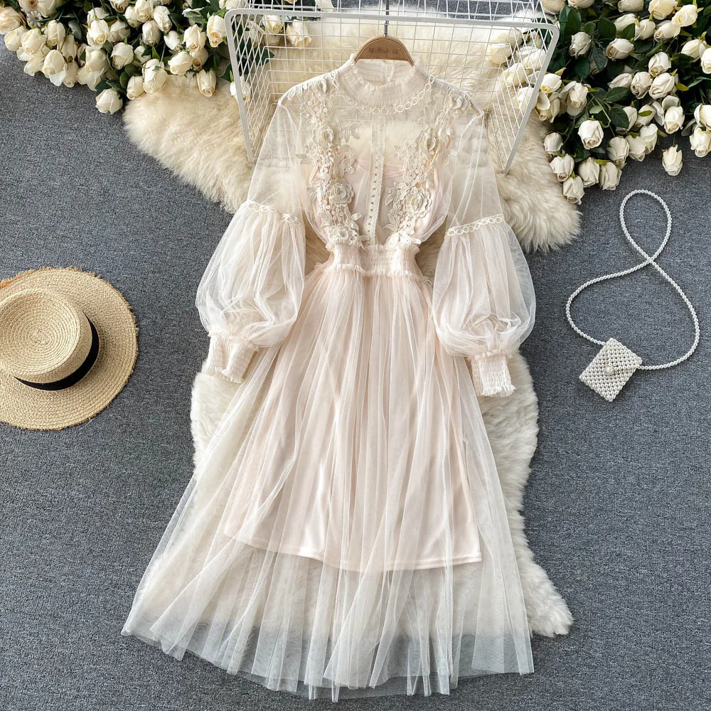 

Heavy Industry Floral Embroidery Decoration Lantern Sleeves Gauze Dress+Solid Color Suspenders Dresses Two Piece Set Fairy Sets