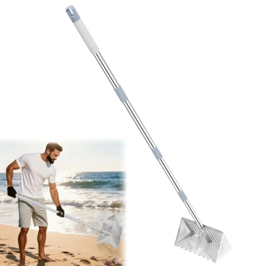 

Sand Flea Rake 65-Inch Long Handle Stainless Steel Sand Sifter - 13-Inch Wide Mesh Screen Shark Tooth Sifter for Beach/Seaside