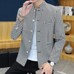 HOO 2024 Men's Stand Collar Plaid blazer  Youth Fashion Multi-Button Leisure   blazers