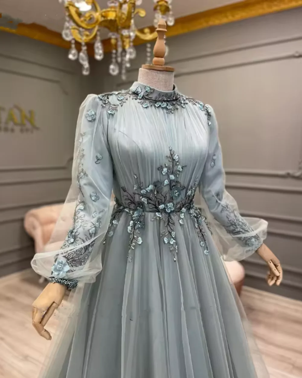 Vestidos De Noche musulmanes De manga larga, color azul polvoriento, una línea De tul con cuentas, flores, elegantes vestidos formales árabes De Dubái para graduación, bata De boda
