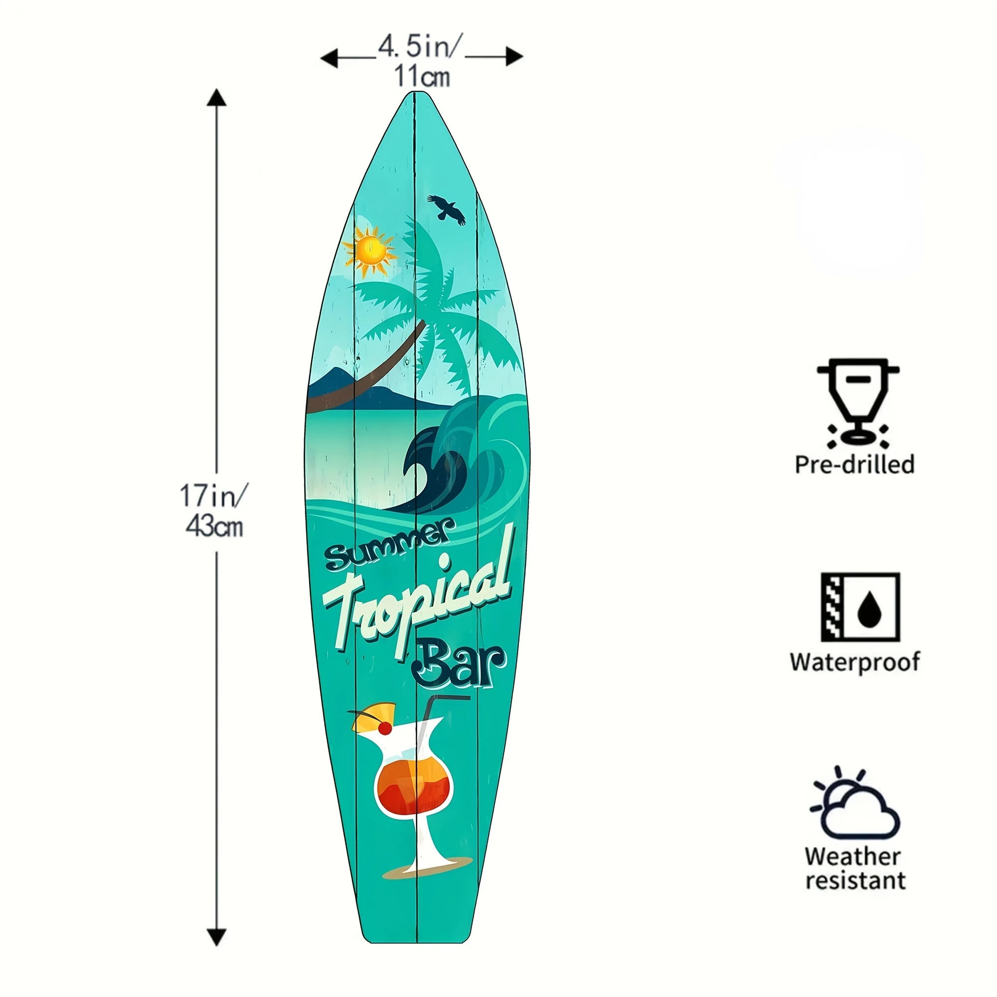 Surfboard Wooden Sign Wall Art Decor Drinks Beach Cold Beer Tiki Bar Margarita&Martinis Sign for Home Garden Kitchen Bar Cafe view 2