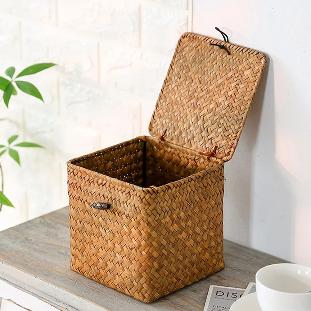 

3Pcs Straw Woven Basket Vintage Storage Box Portable Desktop Organizer Sundries Holder Fruit Vegetable Container