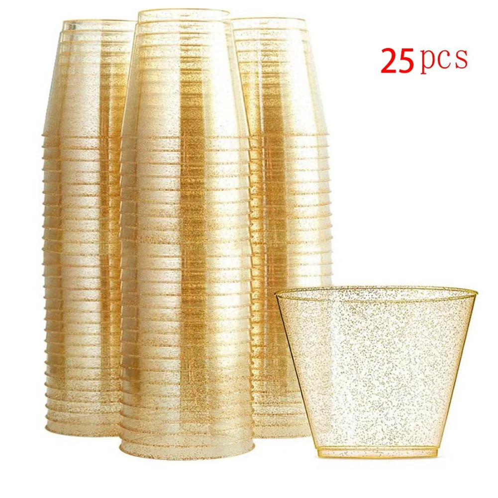 Gold Plastic Cups Clear Plastic Wine Glasses, Fancy Disposable Hard Plastic Cups with Gold Glitter for Party Cups 25Pcs