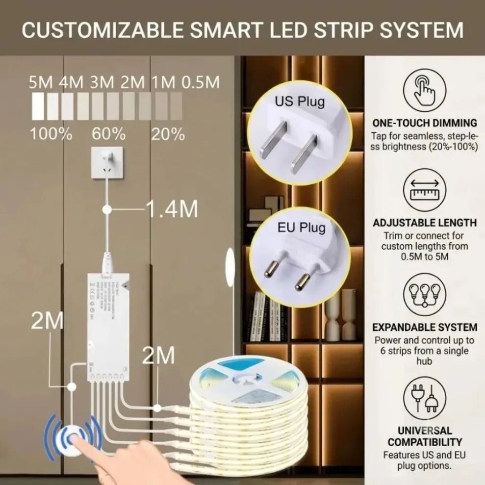 EU/US Plug Power Touch Control COB LED Strip Sync Cabinet Light with Supply for Kitchen Pantry Showcase Closet Bedroom Lighting