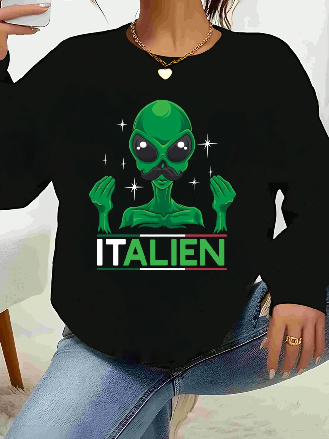 

Чужой с усами, итальянский свитшот с длинными рукавами и принтом, костюм на Хэллоуин, праздничная одежда, женский повседневный наряд