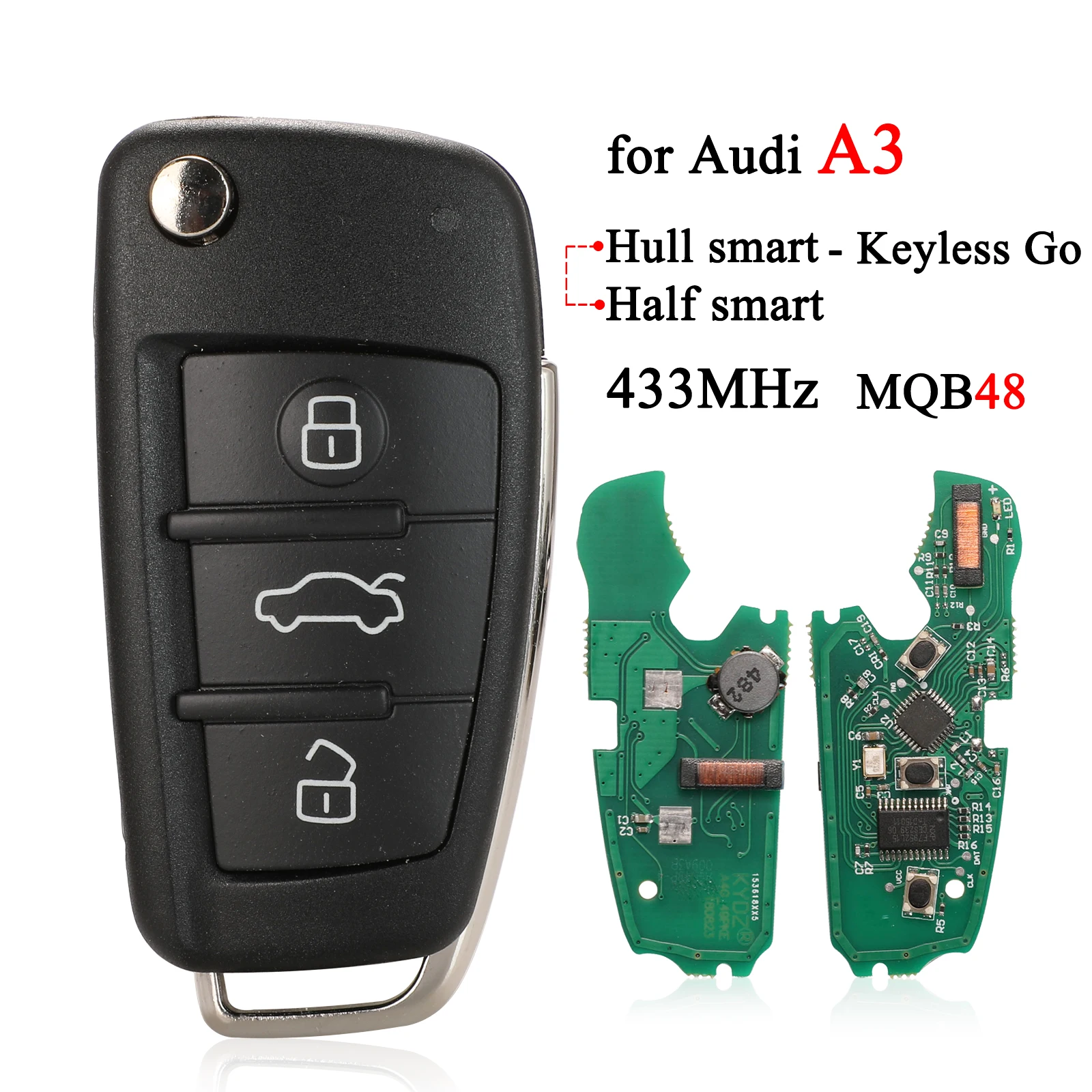 

Jingyuqin пульт дистанционного управления 433 МГц MQB48 складной автомобильный ключ для Audi A3 корпус с маленьким ключом Go Half Smart Control
