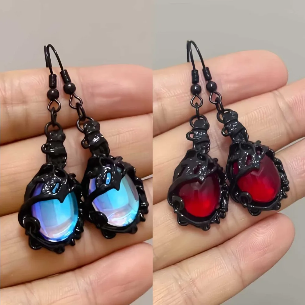 Gothic Retro Black Vine Wrapped Red Gemstone Blue Purple Aurora Dangle Earrings for Women Halloween Party Witch Jewelry Gifts