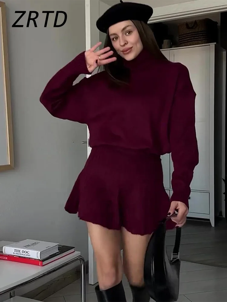 Elegant Red Wine Pullover Mini Skirt Sets Vintage High Collar Female Sweater Short Pleated Skirts 2024 Autumn Lady Knit Outfits