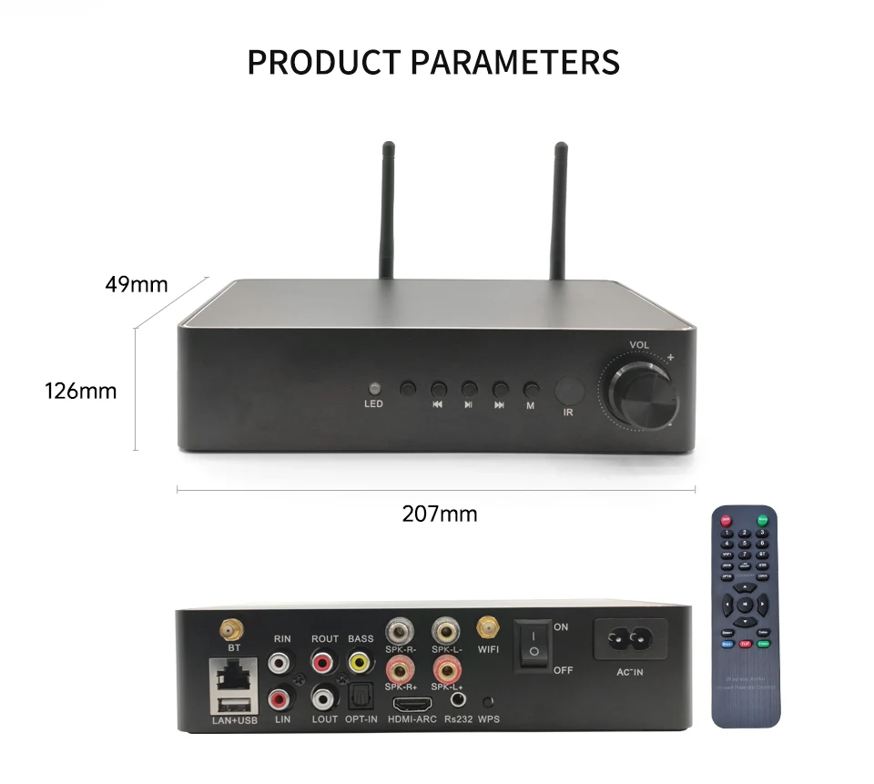 Amplificatore stereo 60Wx2 ESS9023 DAC Ricevitore audio HiFi WiFi Bluetooth 5.0 Supporto multiroom Airplay 2 Alexa per altoparlante domestico