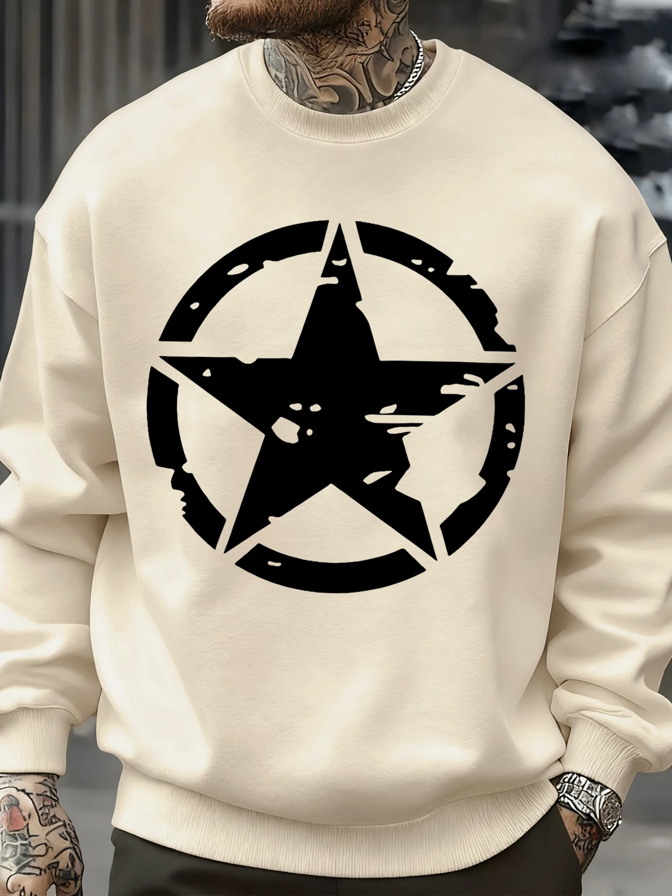 سترة عصرية بطبعات إبداعية على شكل دائرة وخماسية للرجال للخريف بياقة دائرية وقلنسوة ناعمة وأكمام طويلة ملابس علوية من الصوف في الشارع #1