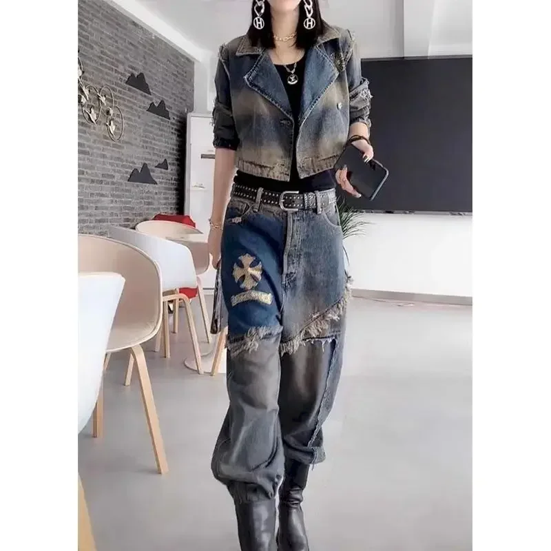 

Fashion Cool Denim Set Women Autumn Trend Popular Set Personality Lapel Washed Jean Jacket Harun Pants Fried Street 2 Piece Suit