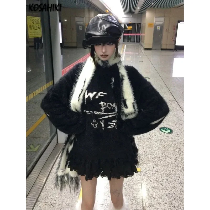 

Свободный мохеровый пуловер для женщин Y2k Эстетический вязаный винтажный свитер в стиле панк с надписью Sueter Mujer Harajuku Grunge Pull Femme Топ Джемпер