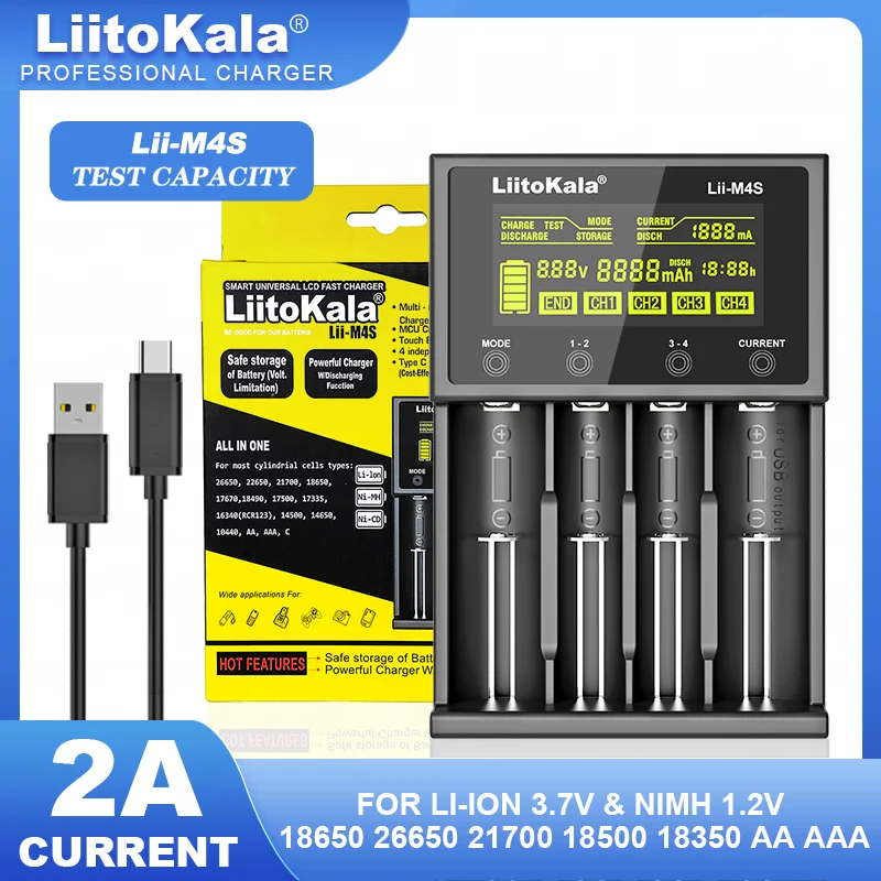 LiitoKala M4S CH2 PD4 LCD Multifunctional Battery Charger For 3.7V 1.2V 18650 26650 21700 14500 18350 17500 AA AAA A C And Other