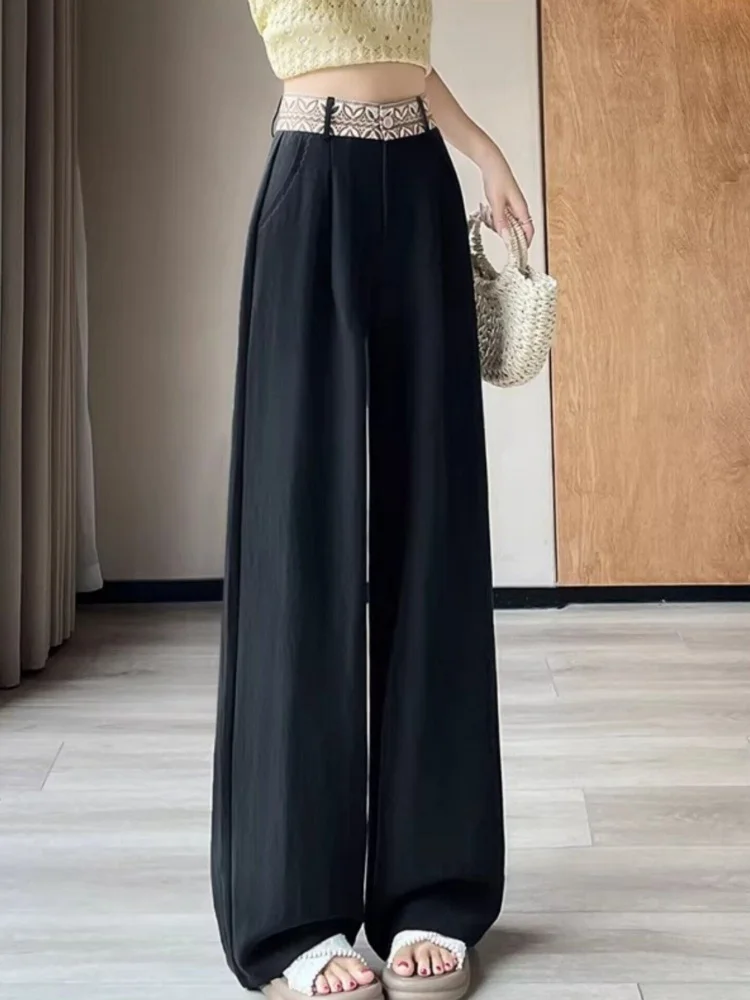 High Waist Draped Loose Ice Silk Wide Leg Pants Women's Summer Thin New Style Black Tibetan Blue Suit Pants Commute Style