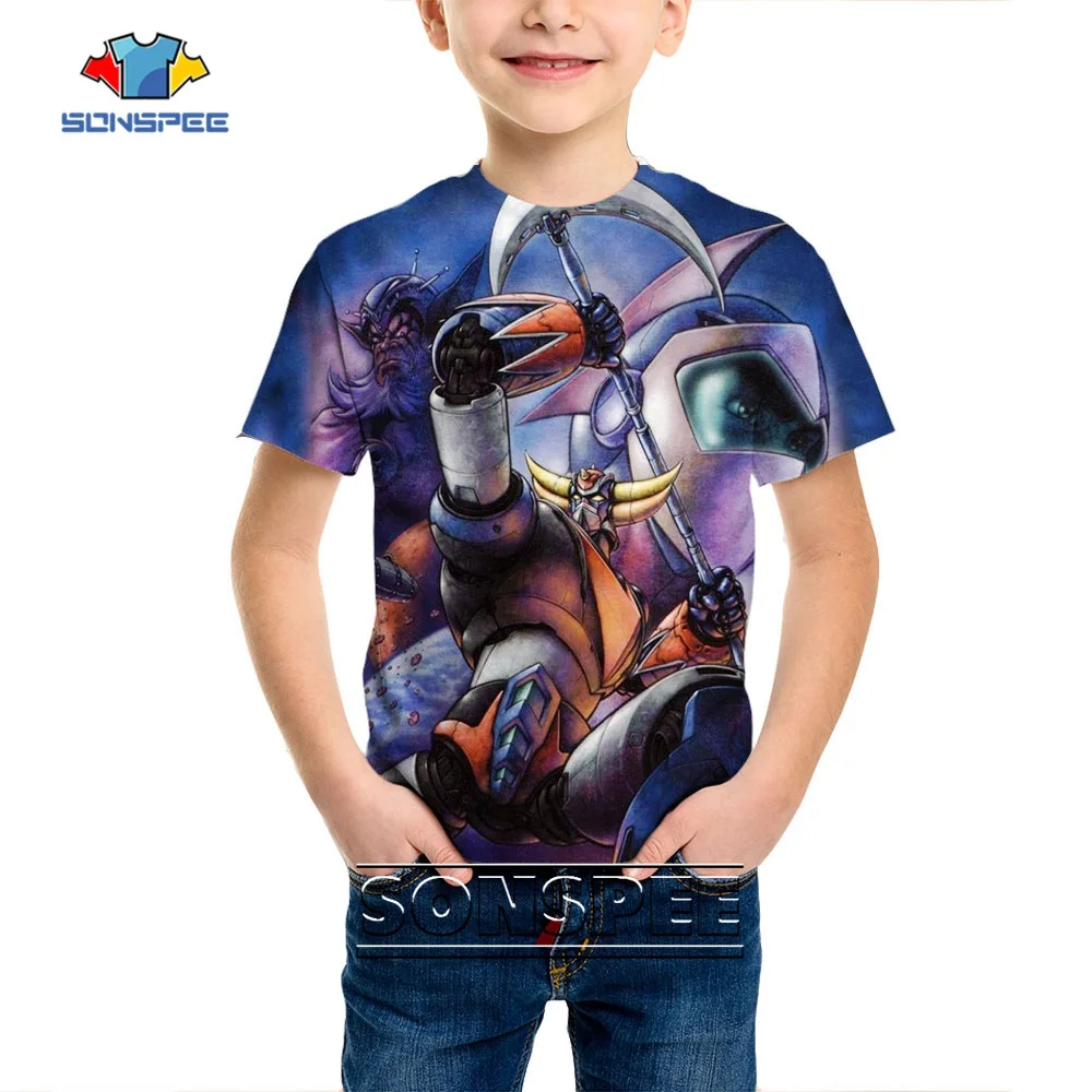 SONSPEE Summer New Vintage Anime Grendizer 3D Print Child T-shirt O-neck Hip Hop Goldorak Kids Tops Punk Robot Shirts Pullover