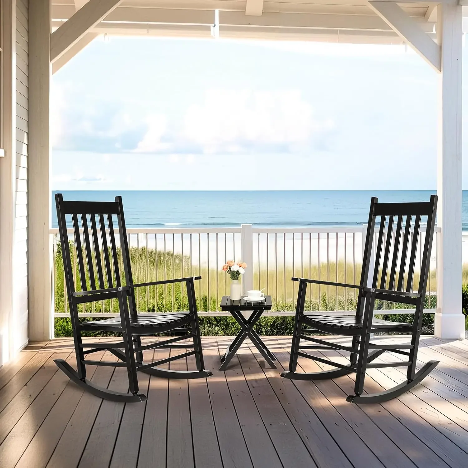 Wooden Rocking Chair Set 3-Pcs, with Side Table, Rocking Chair Patio Set, w/ High Back,Indoors or Outdoor Rocking Chairs