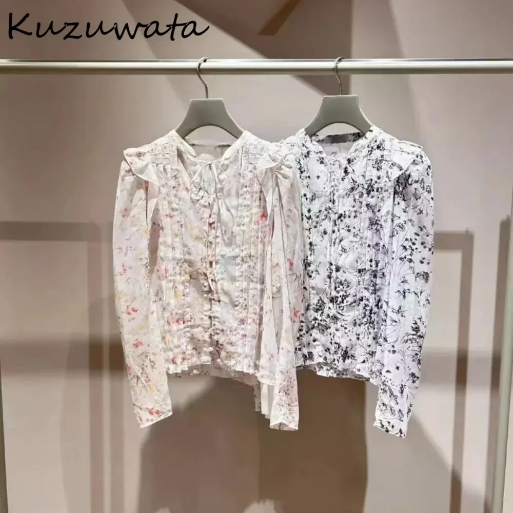 Kuzuwata Autumn New Stand Collar Puff Sleeve Print Shirt Women Lace Up Fresh All-match Blusas Japan Moda Ruffles Ruched Crop Top