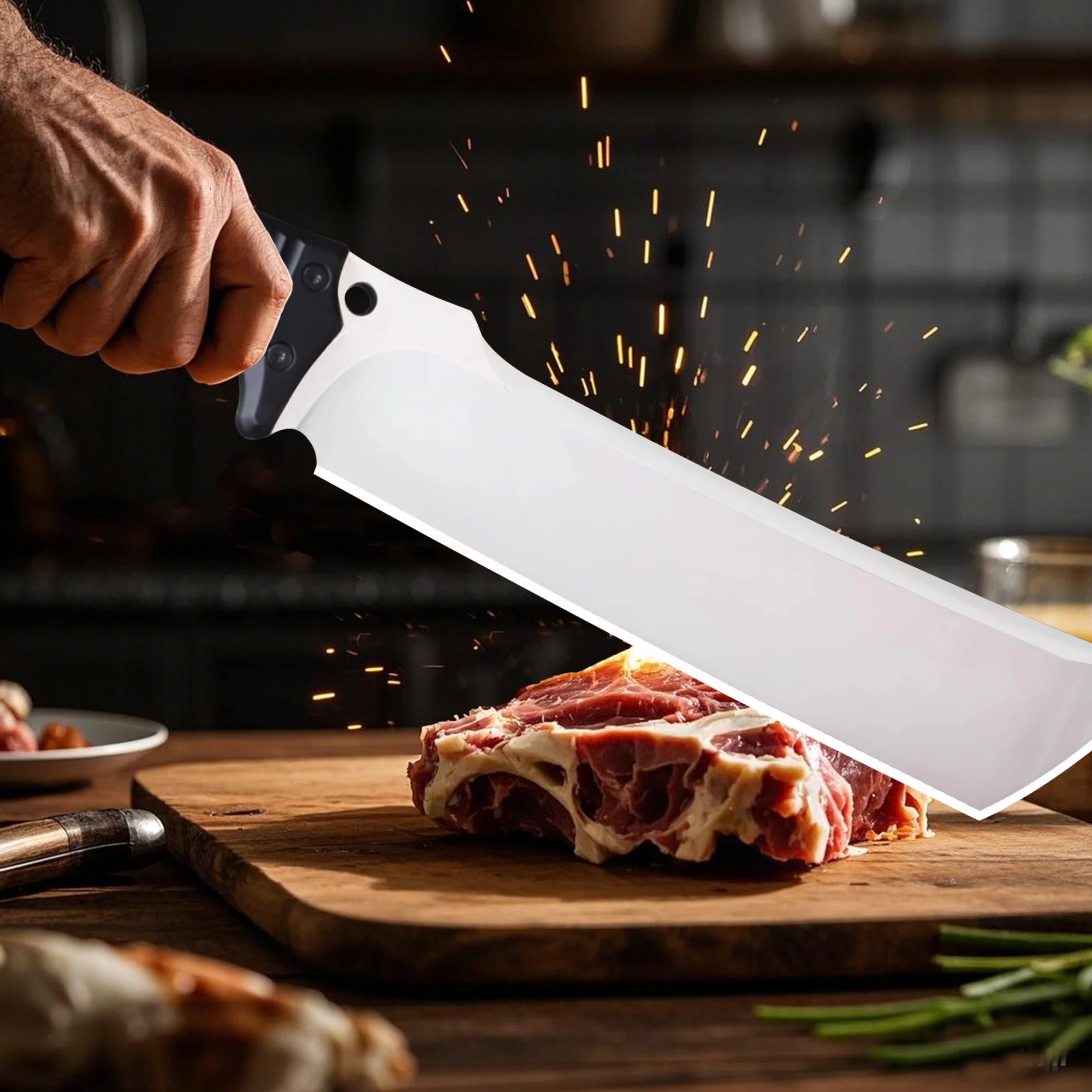 WPKOPYA USA (Frosted) DC53 steel 14-inch kitchen meat chopping knife + sheath, multi-purpose chef\'s knife, chopping knife