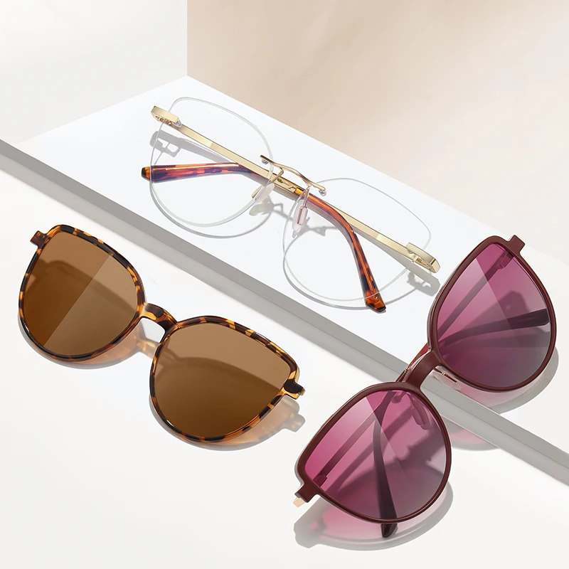 

KUXA оправа «кошачий глаз» без оправы 2 в 1, женские магнитные солнцезащитные очки для близорукости, поляризационные очки по индивидуальному заказу, очки по рецепту от -0,50 до -1