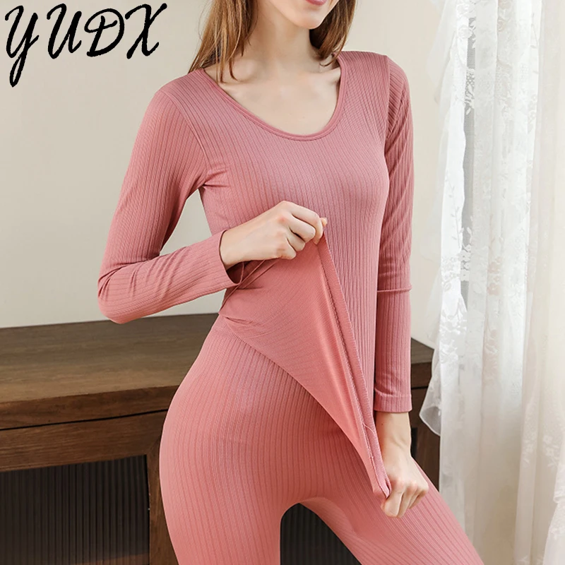 Women's Thermal Underwear Winter Warm Vertical striated Homewear Clothes Seamless Elasticity Long Sleeve Female Lingerie Set