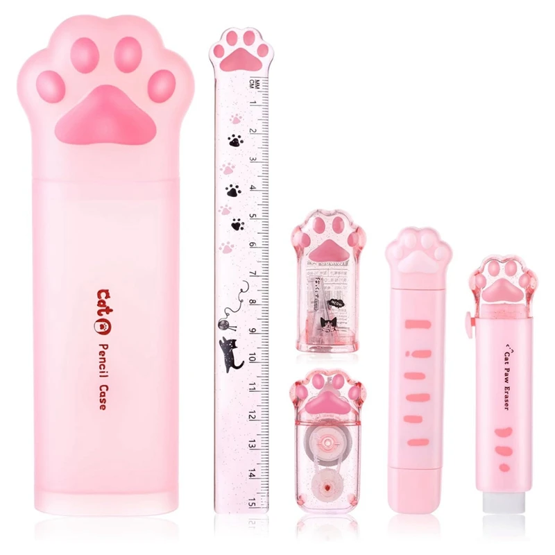 Cute Cat Paw Stationery Set, 6 Pcs Kawaii Cat Stationary Kit Pencil Sharpener Retractable Eraser Correction Tape Ruler Durable