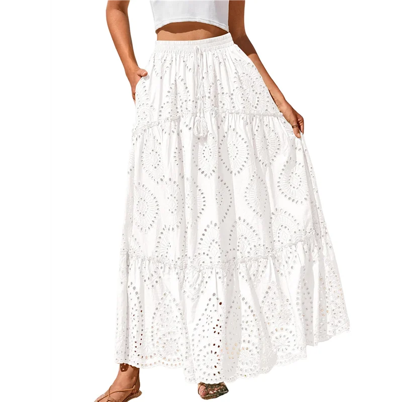 

CYL-Women's Boho Casual Summer 2025 Lace Embroidery Eyelet Elastic Waist Flowy Tiered A-Line Beach Maxi Skirt