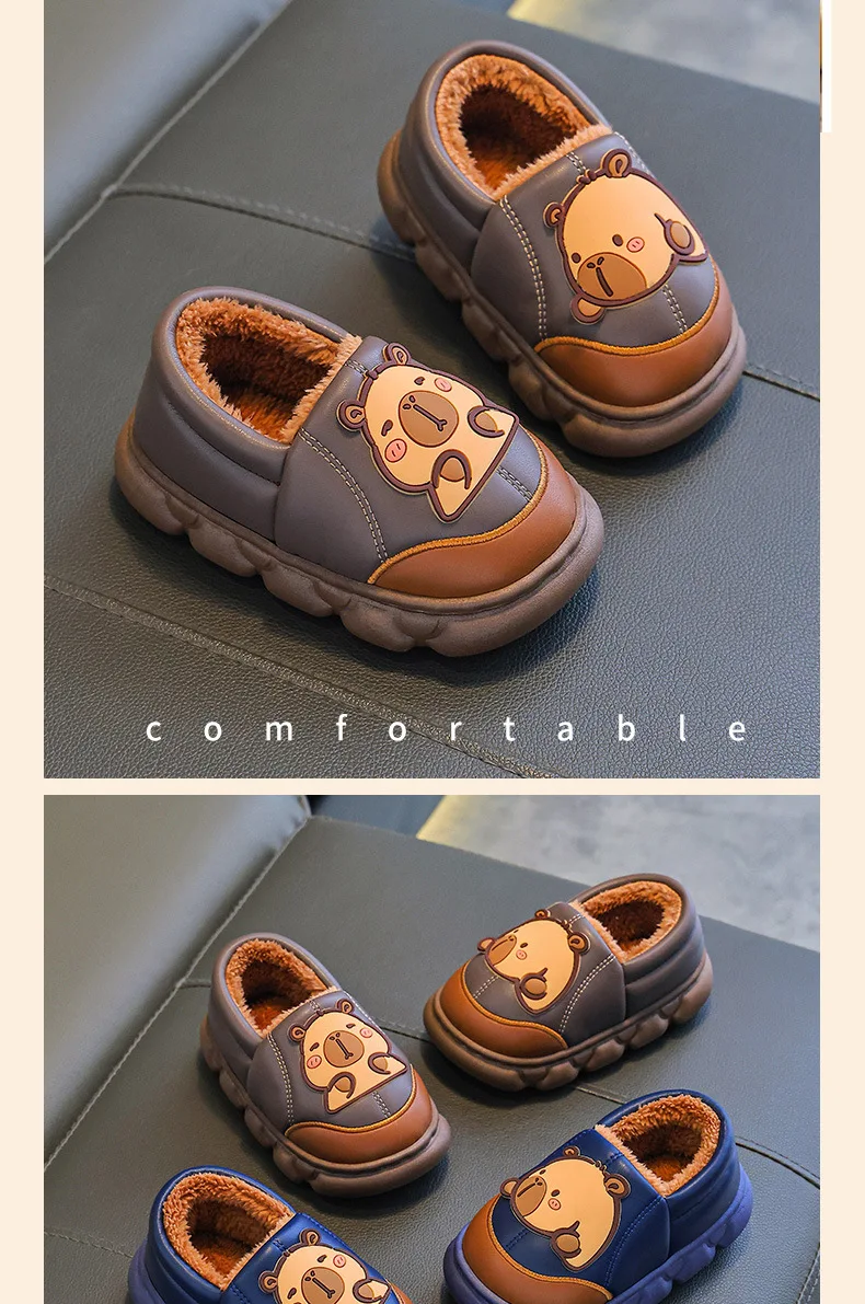 Capybara Herbst Winter kinder Baumwolle Schuhe Mode Warme Plüsch Hause Hausschuhe Frau Im Freien PU Wasserdichte Nicht Slip Stiefel – Detail 7