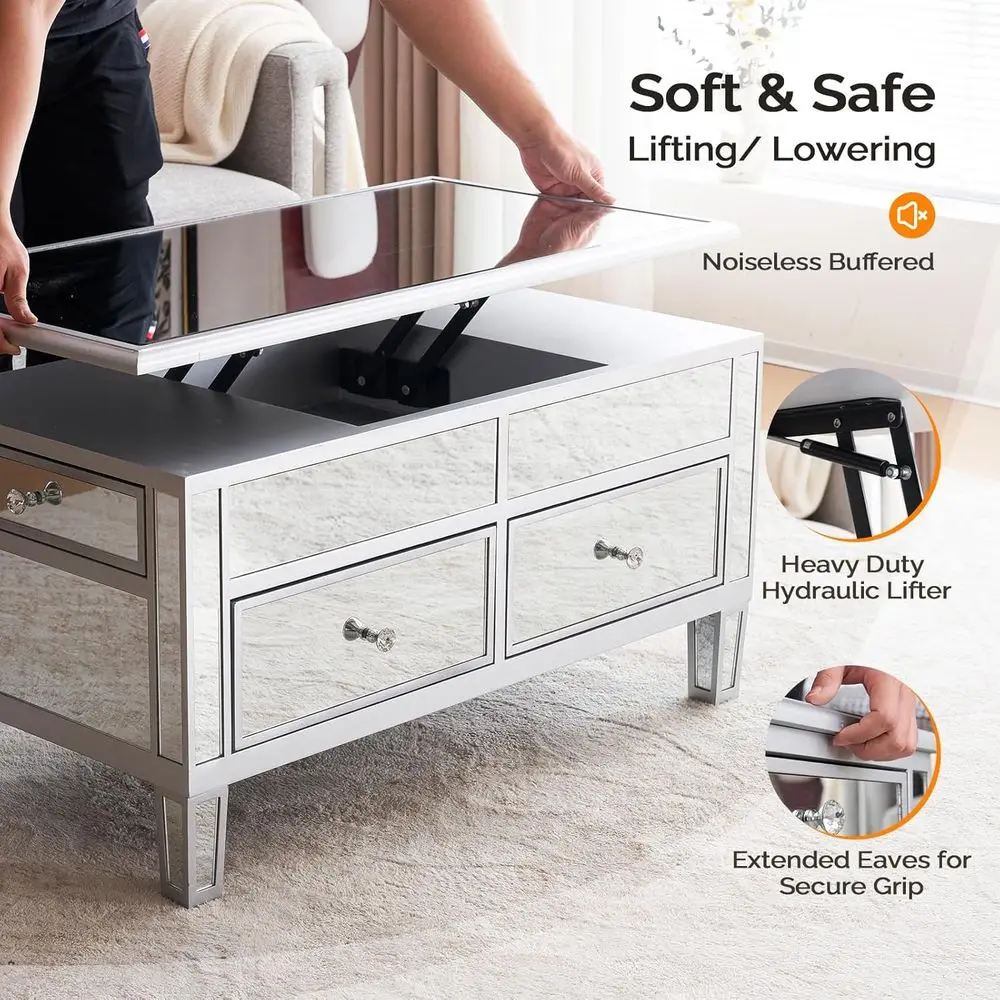 طاولة قهوة حديثة قابلة للرفع مع أدراج، فضي، 35 × 19 × 18 لغرفة المعيشة