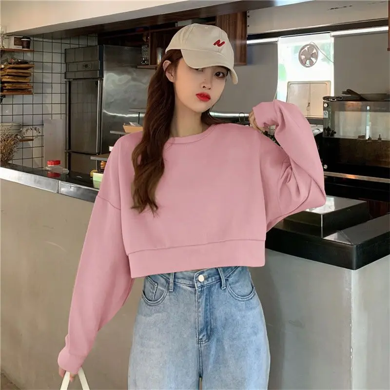 MEXZT 100% Cotton Women Cropped Sweatshirt Pullovers Fashion Harajuku Loose Solid Color Tops Spring Korean Casual Lady Clothes