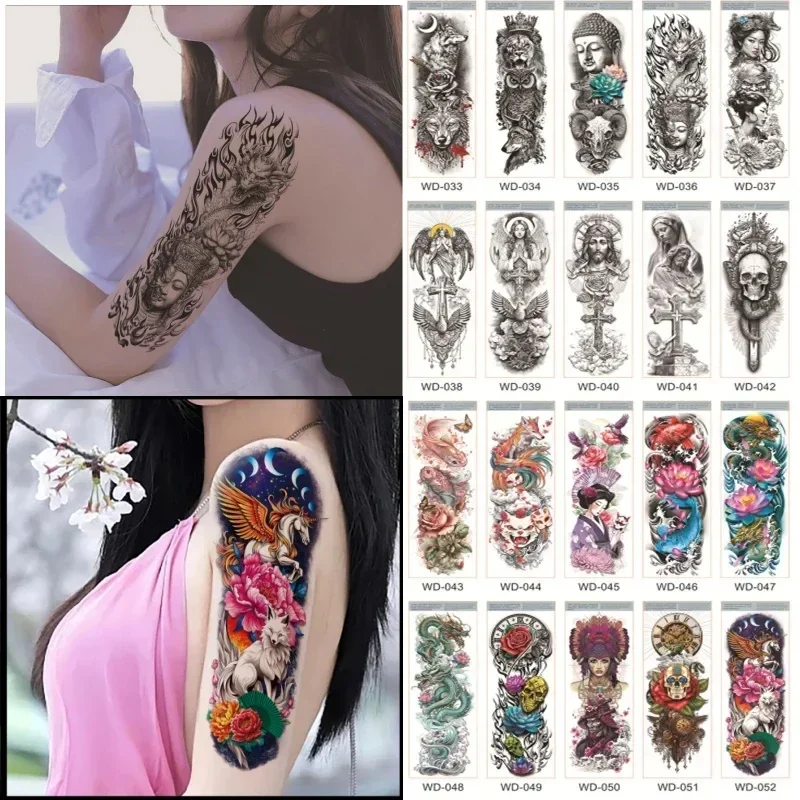 Full Arm Fake Tattoo Stickers for Women Men Lotus Wolf Tiger Sleeve Tatoos Temporary Waterproof Leg Tatouage Temporaire Homme