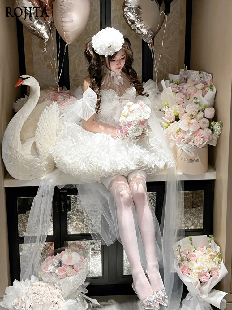 Short Wedding Dress Romantic Anniversary Ceremony Coming-of-age Ceremony Flower Wedding Dress Sexy Neck Lolita Style Dress